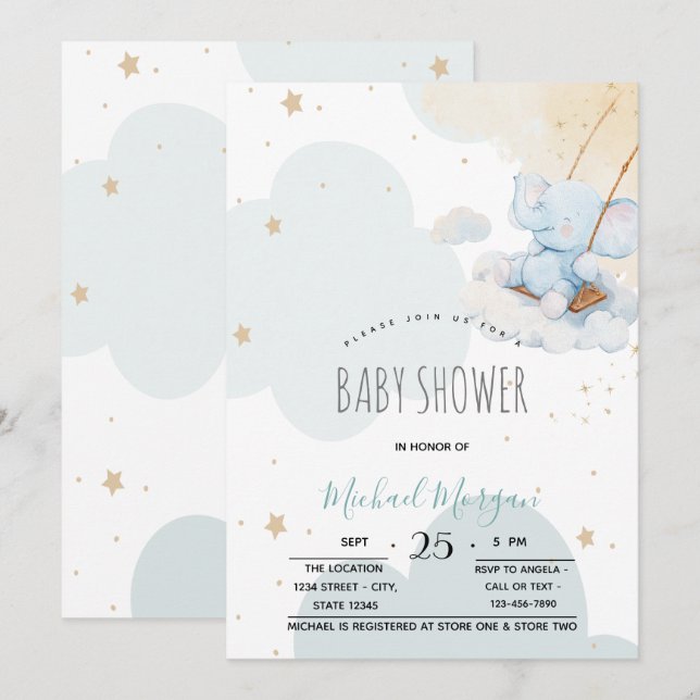 Invitation Douce Fête Bébé Ours en Peluche Bleu Nuages Étoile (Devant / Derrière)