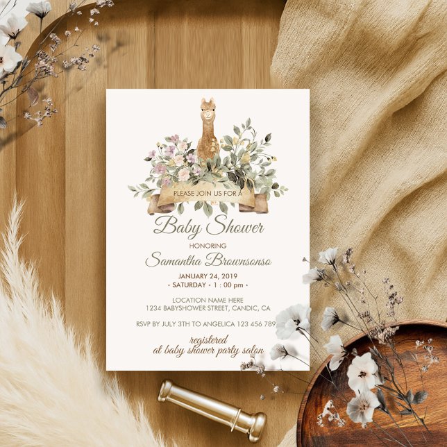Invitation Douce Fête Bébé Ruban Botanique Alpaga (Créateur téléchargé)