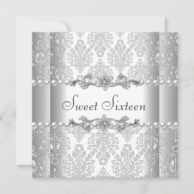 Invitation Douce Fête d'anniversaire 16 ans perle blanche arg (Devant)