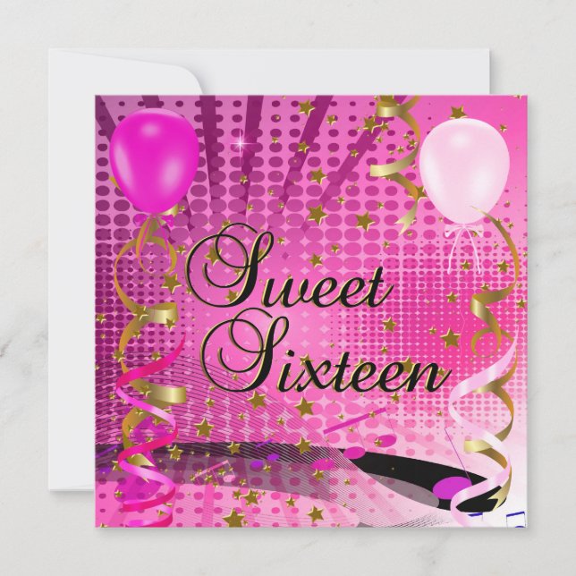 Invitation Douce Fête d'anniversaire 16 ans Rose  Étoiles (Devant)