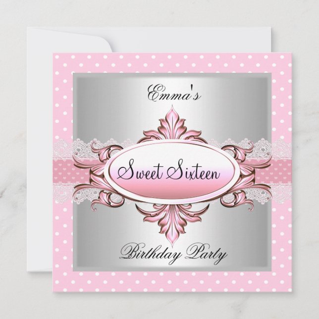 Invitation Douce Fête de 16 ans Argent Rose Blanc Tache (Devant)