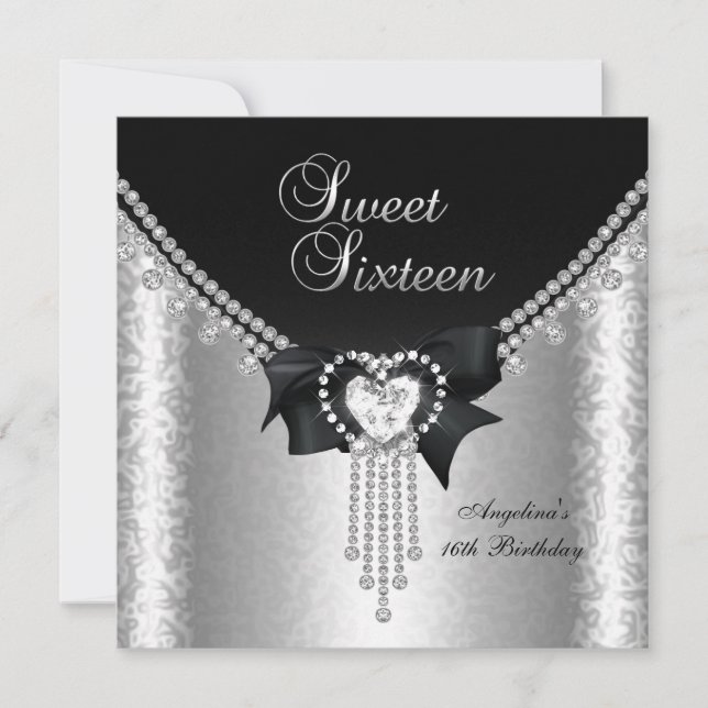 Invitation Douce Fête de 16 ans Noir Argent Diamant 2 (Devant)
