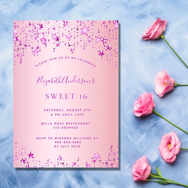 Invitation Douce fête de 16 ans rose étoiles saupoudrer (Créateur téléchargé)