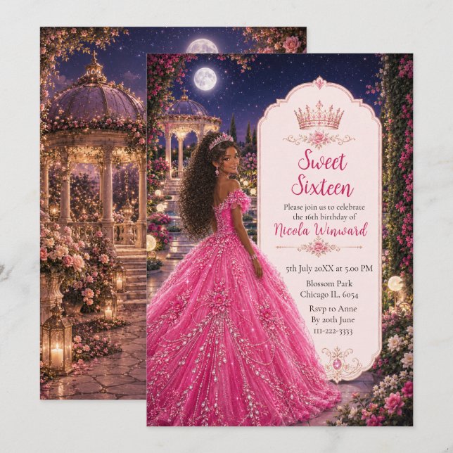 Invitation Douce fête de 16 ans sous la lune Princesse Jardin (Devant / Derrière)