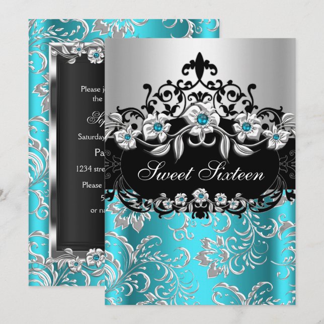 Invitation Douce Fête de 16 ans Turquoise Argent Noir Floral  (Devant / Derrière)