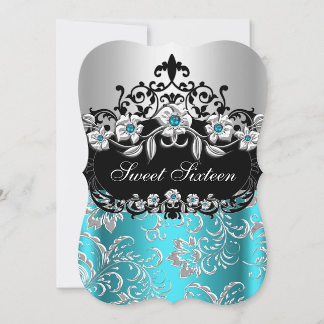 Invitation Douce Fête de 16 ans Turquoise Argent Noir Floral  (Devant)