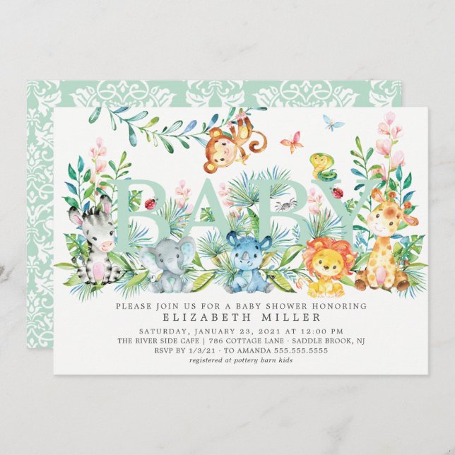 Invitation Douce Fête de Bébé Animaux de la Jungle Neutre (Devant / Derrière)