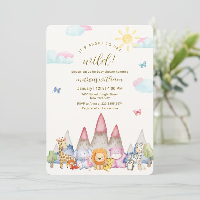 Invitation Douce Fête de Bébé Animaux de Safari Sauvages Colo (Debout devant)