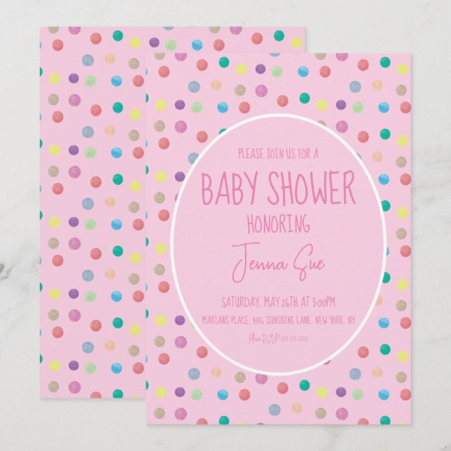 Invitation Douce Fête de Bébé aux Points Peints à l'Aquarelle (Devant / Derrière)