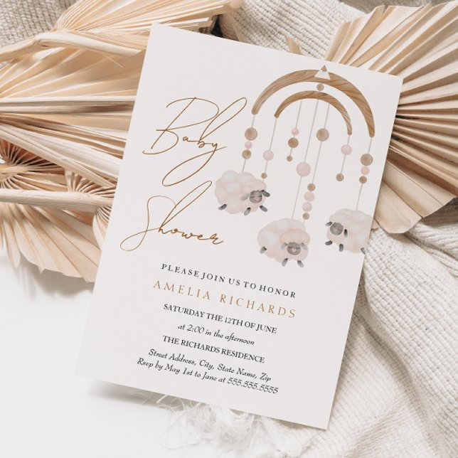 Invitation Douce Fête de Bébé Bohème Rose Mobile  (Créateur téléchargé)