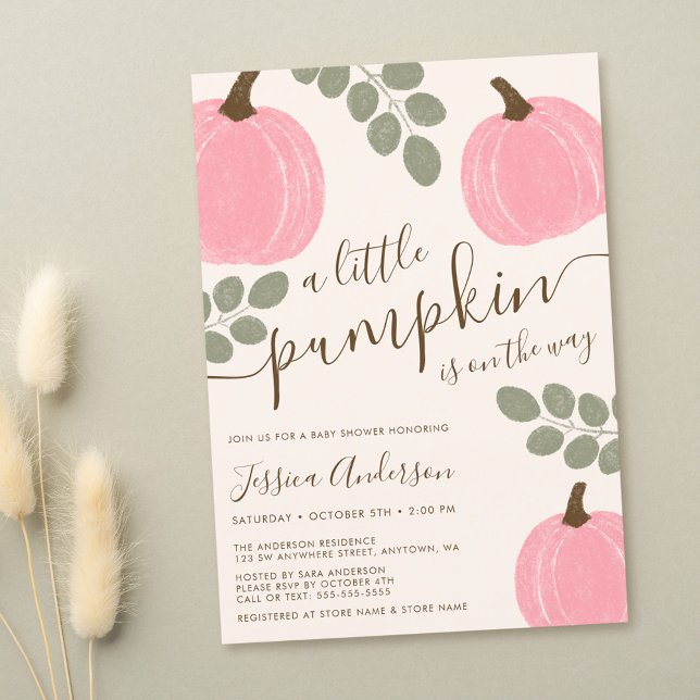 Invitation Douce Fête de Bébé Fille Citrouille Rose Eucalyptu (Créateur téléchargé)