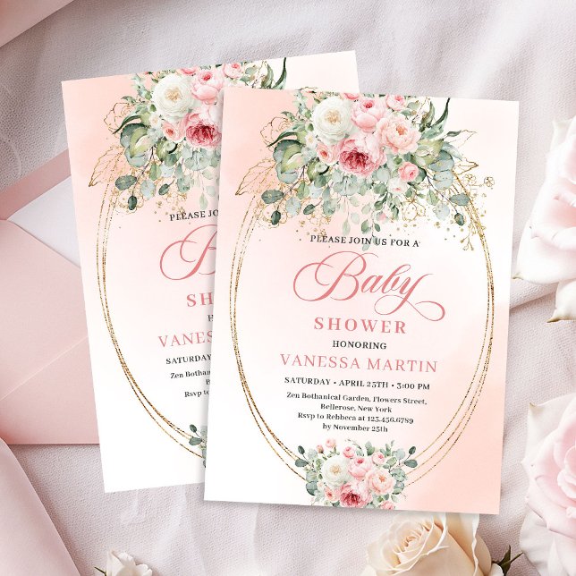 Invitation Douce Fête de Bébé Fille Floral Rose Gold  (Sweet Blush Floral Gold Girl Baby Shower Party Invite)