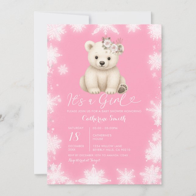 Invitation Douce Fête de Bébé Fille Ours Mignon Hiver Flocons (Devant)