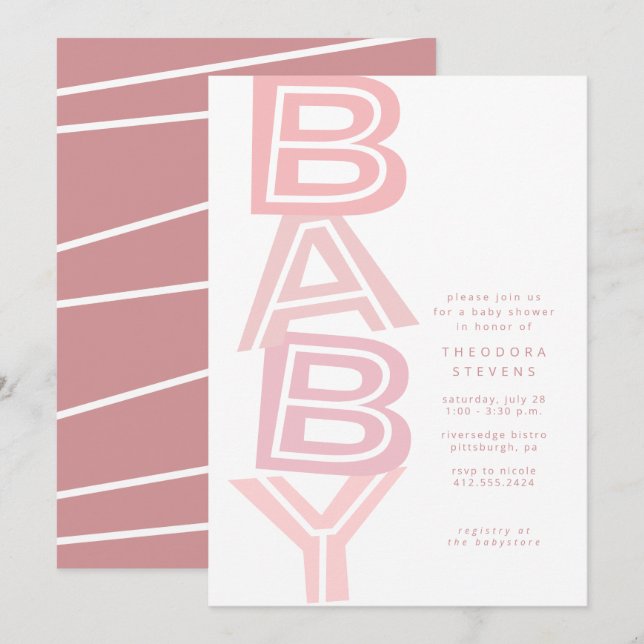 Invitation Douce fête de bébé fille rose moderne audacieuse (Devant / Derrière)