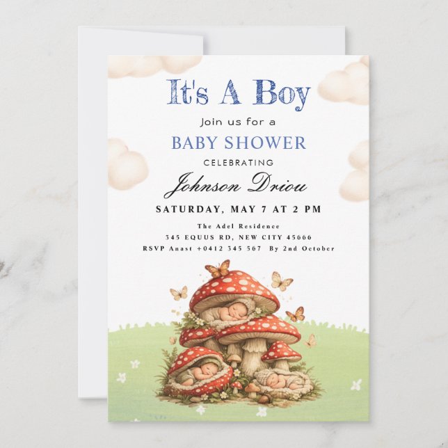Invitation Douce Fête de Bébé Garçon Champignon Aquarelle  (Devant)