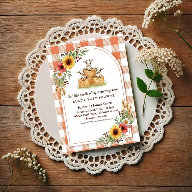 Invitation Douce Fête de Bébé Gingham Balle de Foin de Chèvre (Créateur téléchargé)