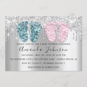 Invitation Douce Fête de Bébé Gouttes Paillettes Pieds Gris J