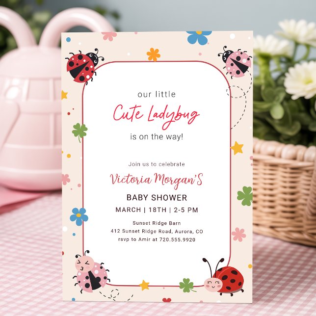 Invitation Douce Fête de Bébé Ladybug Moderne Fleur Sauvage (Créateur téléchargé)