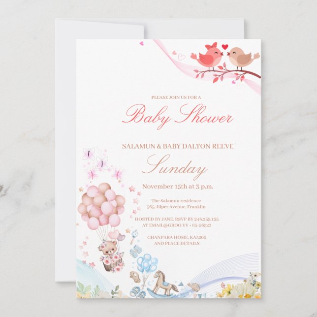 Invitation Douce Fête de Bébé Oiseaux d'Amour Teddy (Devant)
