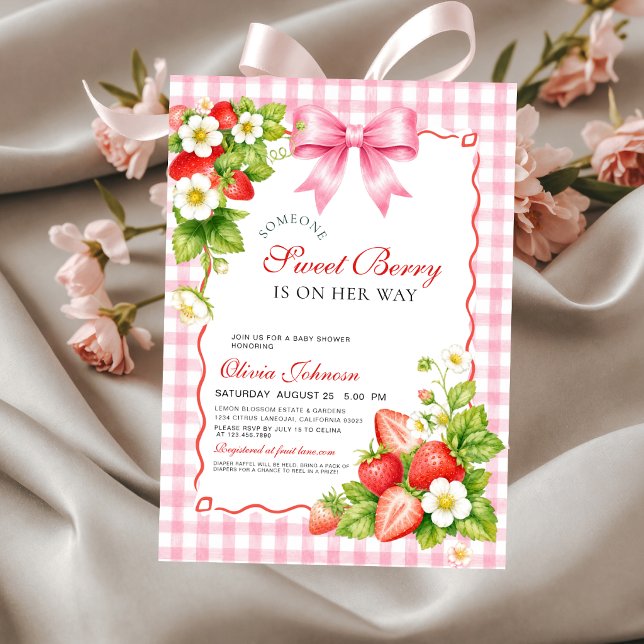 Invitation Douce Fête de Bébé Rose à Motif Vichy Fraise  (Créateur téléchargé)