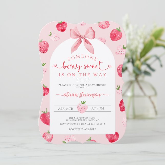 Invitation Douce Fête de Bébé Rose Fraise Sucrée (Debout devant)