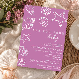 Invitation Douce Fête de Bébé sur la Plage Mauve Bientôt