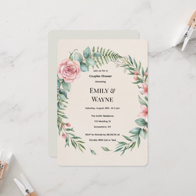 Invitation Douce Fête de Couple avec Fleurs Roses et Verdure (Devant/Arrière en situation)