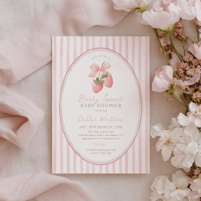 Invitation Douce Fête de Fille Rose à Rayures pour Bébé (Berry Sweet Baby Shower Invitation with pink stripes)