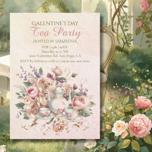 Invitation Douce Fête de Galentine au Thé Floral Rose Pâle Vi