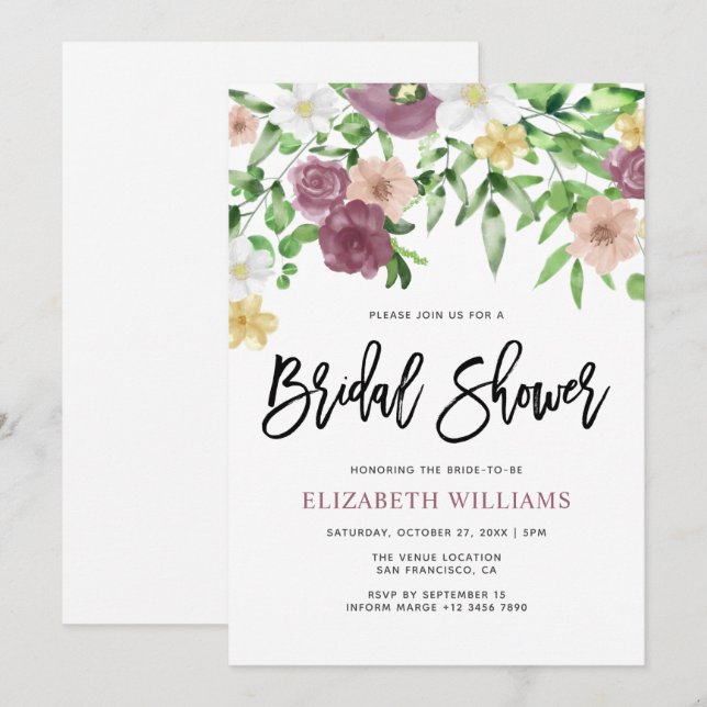 Invitation Douce Fête de Mariage aux Fleurs Aquarelles (Devant / Derrière)