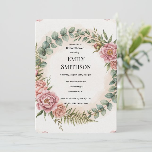 Invitation Douce Fête de Mariage avec Fleurs Roses et Verdure (Debout devant)