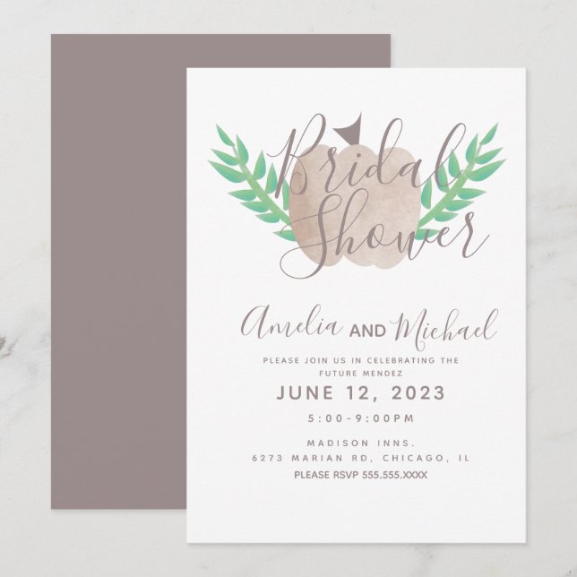 Invitation Douce Fête de Mariage Citrouille Brun Beige Verdur (Devant / Derrière)