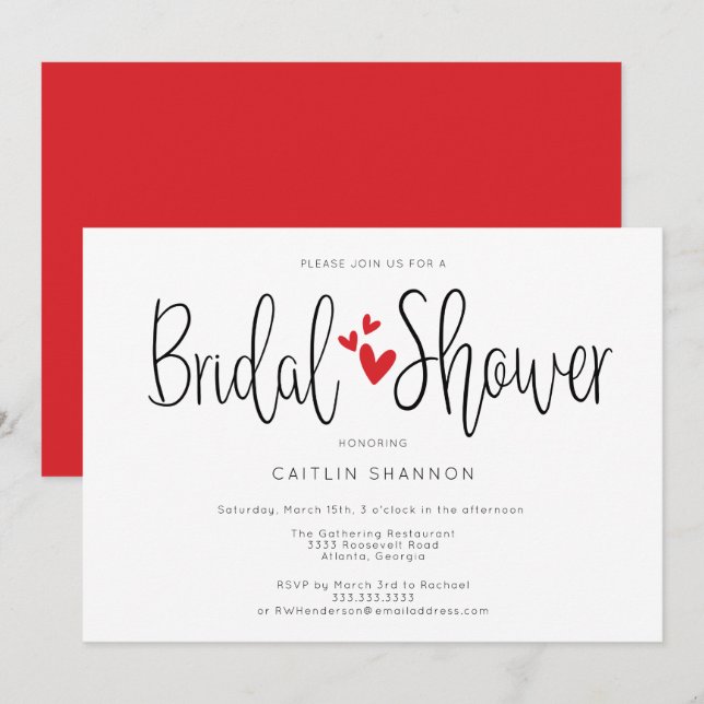 Invitation Douce Fête de Mariage Cœurs Rouges Simples Calligr (Devant / Derrière)