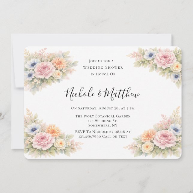 Invitation Douce Fête de Mariage Florale Aquarelle (Devant)