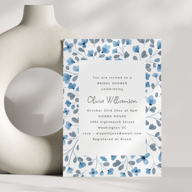 Invitation Douce Fête de Mariage Florale Aquarelle Bleue Mode (Créateur téléchargé)