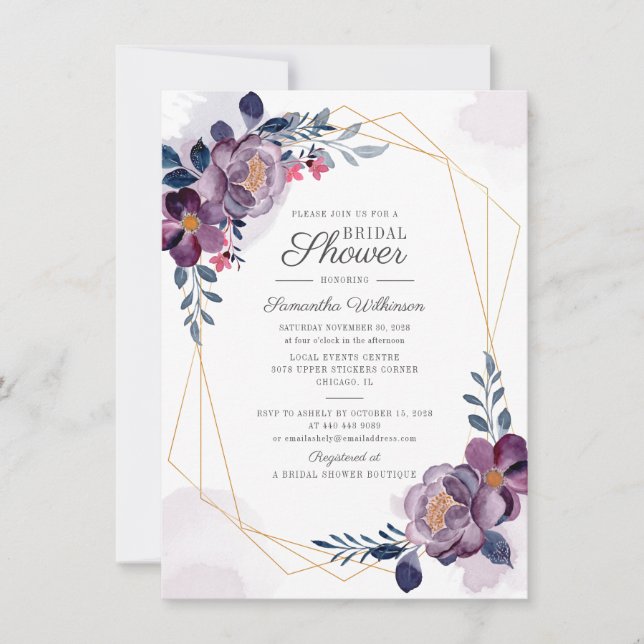 Invitation Douce Fête de Mariage Florale Géométrique Violette (Devant)