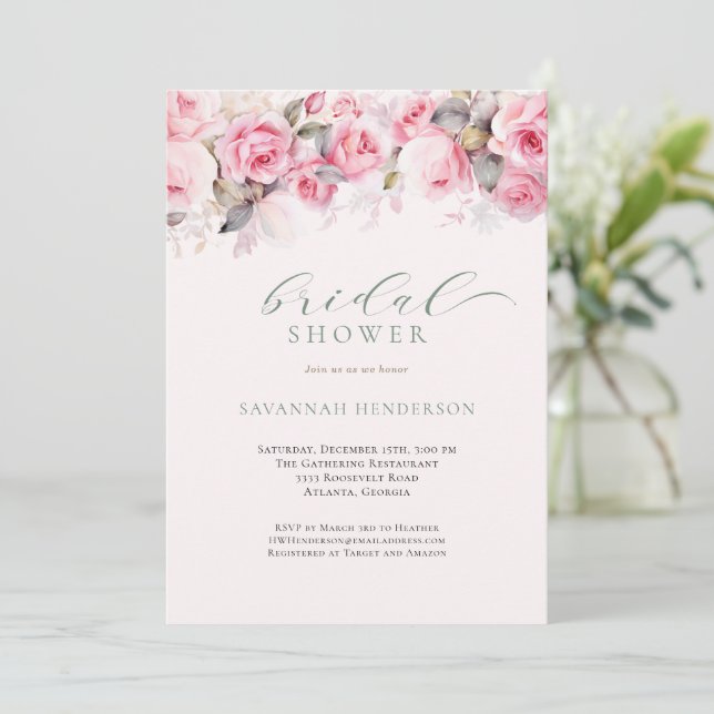 Invitation Douce Fête de Mariage Florale Rose Editable  (Debout devant)