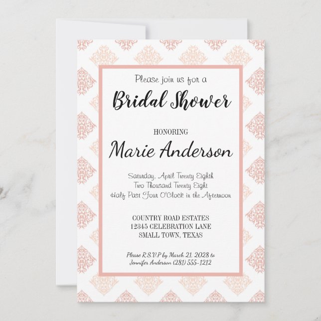 Invitation Douce Fête de Mariage Rose Pêche en Damas (Devant)