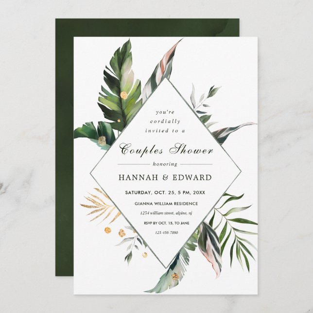 Invitation Douce Fête de Mariage Verte Tropicale pour Couple (Devant / Derrière)
