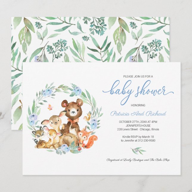 Invitation Douce Fête de Naissance Animaux de la Forêt (Devant / Derrière)