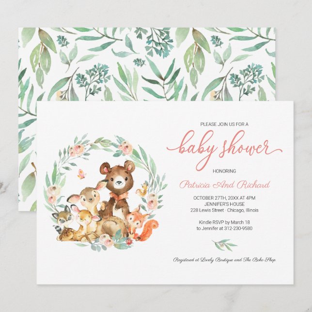 Invitation Douce Fête de Naissance Animaux de la Forêt (Devant / Derrière)