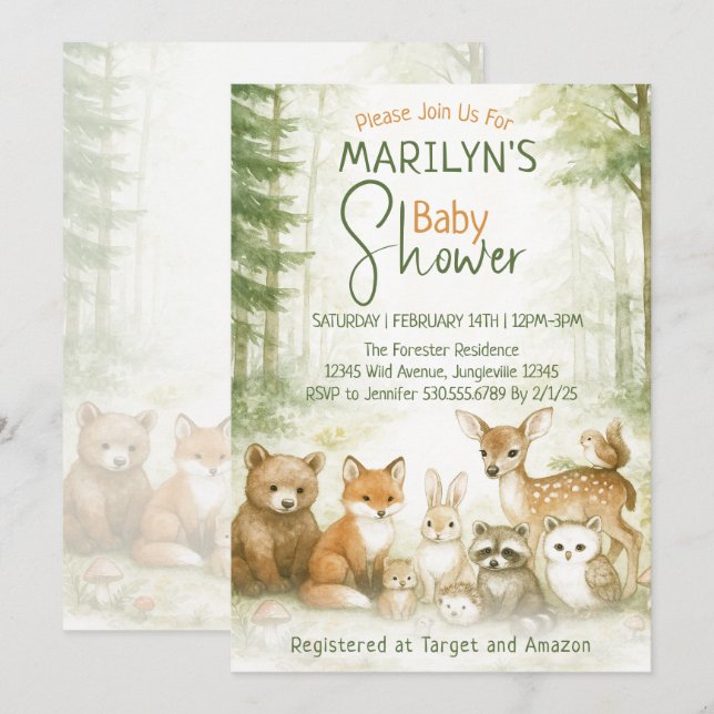 Invitation Douce Fête de Naissance Animaux de la Forêt (Devant / Derrière)
