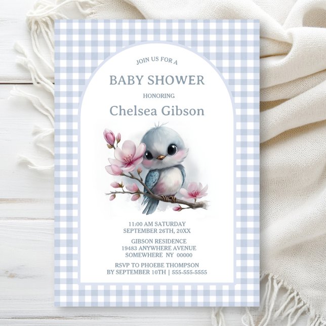 Invitation Douce Fête de Naissance avec Oiseau Mignon et Fleu (Créateur téléchargé)