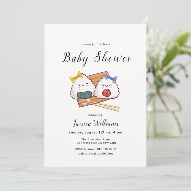 Invitation Douce Fête de Naissance Bébé avec un Nœud Japonais (Debout devant)