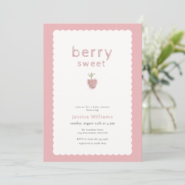 Invitation Douce Fête de Naissance Bébé Fille aux Fraises Ros (Debout devant)