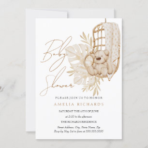 Invitation Douce Fête de Naissance Bohème Ours en Peluche Ros