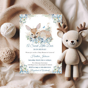 Invitation Douce Fête de Naissance Cerf Floral Bleu et Beige