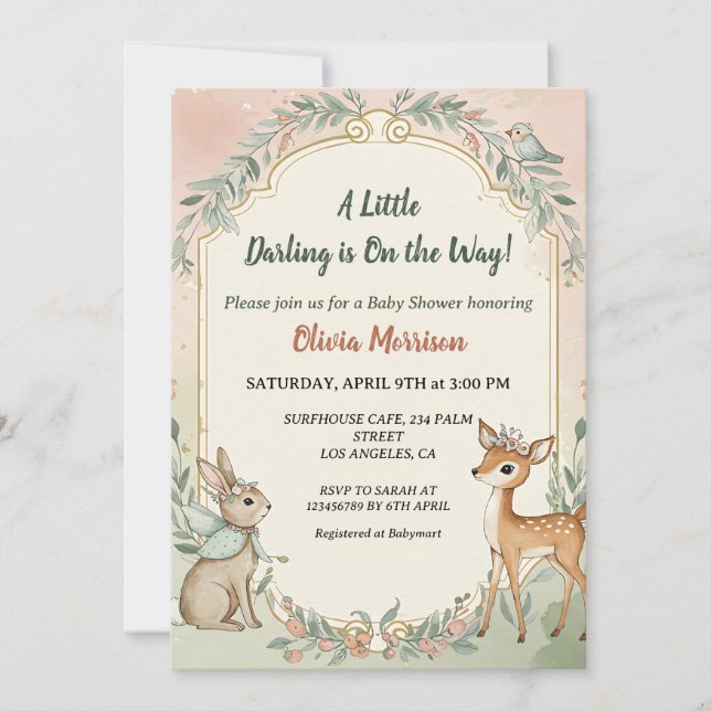Invitation Douce Fête de Naissance Cerf Lapin Bois (Devant)