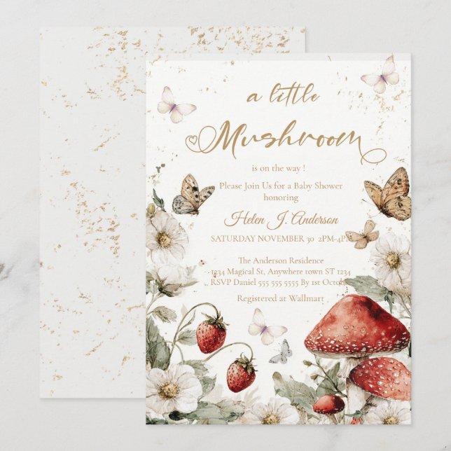 Invitation Douce Fête de Naissance Champignon et Baie  (Devant / Derrière)