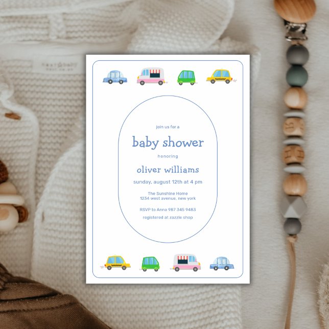 Invitation Douce Fête de Naissance de Bébé avec Véhicule Colo (Cute Colorful modern Vehicle Baby Shower Invitation)